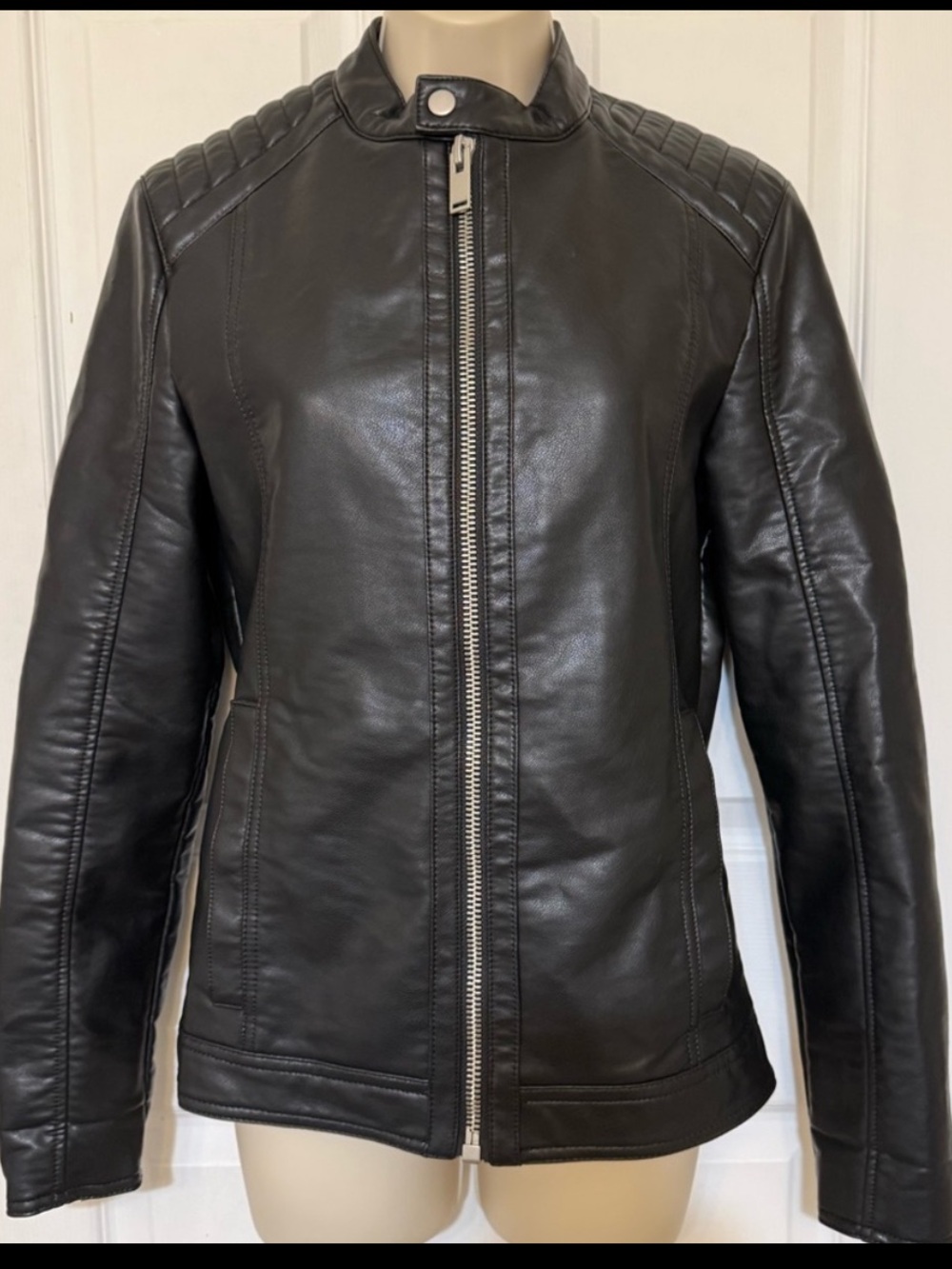 Zara Black Faux Leather Moto Jacket Quilted Shoulder Women S - Picture 2 of 10